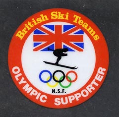 Cinderella - Great Britain 1980's Circular plastic window label 'British Ski Teams - Olympic Supporter', Skier, Olympic Rings & Union Jack on backing paper, stamps on , stamps on  stamps on cinderella, stamps on  stamps on olympics, stamps on  stamps on skiing, stamps on  stamps on flags