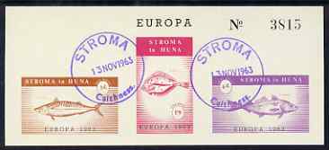 Stroma 1963 Europa imperf sheetlet containing set of 3 fish on buff paper cto used, stamps on , stamps on  stamps on europa, stamps on  stamps on fish