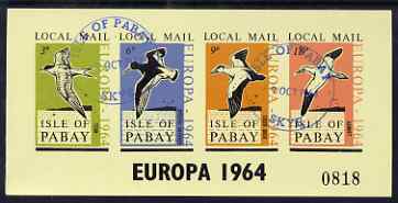 Pabay 1964 Europa (Birds) imperf sheetlet containing set of 4 on yellow paper cto used, stamps on , stamps on  stamps on birds, stamps on  stamps on europa, stamps on  stamps on tern, stamps on  stamps on gannet, stamps on  stamps on duck