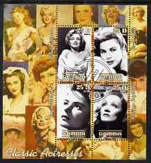 Gambia 2003 Classic Actresses perf sheetlet containing 4 values, fine cto used (Monroe, Grace Kelly, M Dietrich & I Bergman), stamps on , stamps on  stamps on personalities, stamps on  stamps on cinema, stamps on  stamps on movies, stamps on  stamps on women, stamps on  stamps on marilyn monroe, stamps on  stamps on 