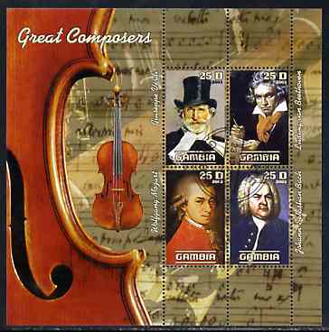 Gambia 2003 Great Composers perf sheetlet containing 4 values, fine cto used (Verdi, Mozart, Beethoven & Bach), stamps on music, stamps on composers, stamps on bach, stamps on beethoven, stamps on mozart, stamps on verdi, stamps on personalities, stamps on beethoven, stamps on opera, stamps on music, stamps on composers, stamps on deaf, stamps on disabled, stamps on masonry, stamps on masonics, stamps on personalities, stamps on mozart, stamps on music, stamps on composers, stamps on masonics, stamps on masonry