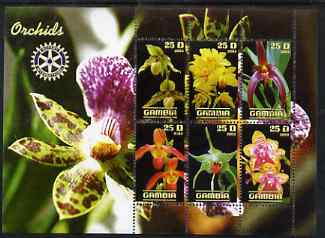 Gambia 2003 Orchids perf sheetlet containing 6 values with Rotary logo, fine cto used, stamps on , stamps on  stamps on flowers, stamps on  stamps on orchids, stamps on  stamps on rotary