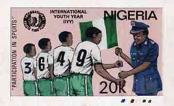 Nigeria 1985 International Youth Year - original hand-painted artwork for 20k value (Participation in Sports as issued stamp) by G O Akinola on card 8.5x5 endorsed A6, stamps on scouts  sport