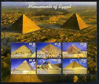 Gambia 2003 Monuments of Egypt (Pyramids) perf sheetlet containing 6 values, fine cto used, stamps on , stamps on  stamps on monuments, stamps on  stamps on egyptology, stamps on  stamps on pyramids, stamps on  stamps on tourism