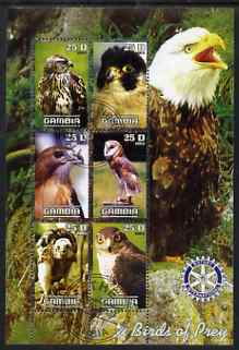 Gambia 2003 Birds of Prey perf sheetlet containing 6 values with Rotary logo, fine cto used, stamps on , stamps on  stamps on birds, stamps on  stamps on birds of prey, stamps on  stamps on owls, stamps on  stamps on eagles, stamps on  stamps on rotary