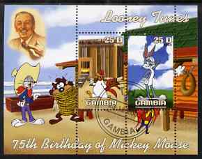 Gambia 2003 Looney Tunes - 75th Birthday of Mickey Mouse perf sheetlet containing 2 values, fine cto used, stamps on disney, stamps on cartoons