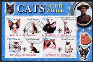 Somalia 2002 Domestic Cats of the World perf sheetlet #01 containing 4 values each with Scout Logo, fine cto used , stamps on , stamps on  stamps on cats, stamps on  stamps on scouts