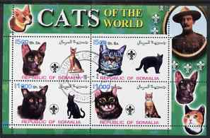 Somalia 2002 Domestic Cats of the World perf sheetlet #02 containing 4 values each with Scout Logo, fine cto used , stamps on , stamps on  stamps on cats, stamps on  stamps on scouts