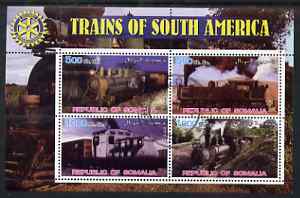 Somalia 2002 Trains of South America perf sheetlet containing 4 values with Rotary Logo, fine cto used , stamps on railways, stamps on rotary