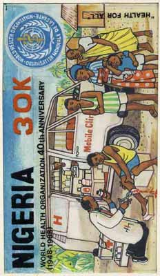 Nigeria 1988 40th Anniversary of World Health Organisation - original hand-painted artwork for 30k value (Mobile Clinic as issued) by Godrick N Osuji on card 9 x 5 endors..., stamps on united nations, stamps on  who , stamps on medical, stamps on doctors, stamps on , stamps on nurses