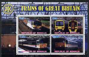 Somalia 2002 Trains of Great Britain #1 perf sheetlet containing 4 values with Rotary Logo, fine cto used , stamps on , stamps on  stamps on railways, stamps on  stamps on rotary