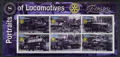 Somalia 2002 Portraits of Locomotives #1 perf sheetlet containing six values each with Rotary Logo, fine cto used, stamps on , stamps on  stamps on railways, stamps on  stamps on rotary