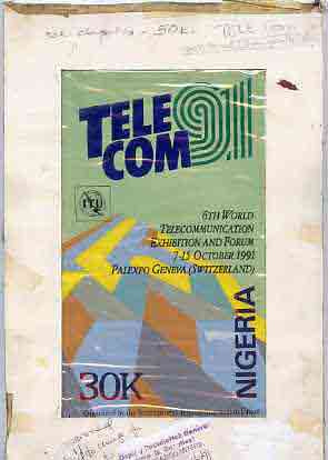 Nigeria 1991 Telecom - original hand-painted artwork for 30k value (endorsed approved but change to 50k) produced by NSP&MCo Staff Artist Samuel A M Eluare on card 5x8.5, stamps on communications  science