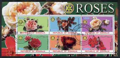 Somalia 2002 Roses #1 perf sheetlet containing six values each with Rotary Logo, fine cto used, stamps on roses, stamps on rotary, stamps on flowers