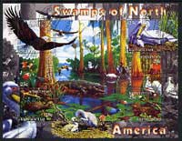 Kyrgyzstan 2004 Fauna of the World - Swamps of N America perf sheetlet containing 6 values cto used, stamps on animals, stamps on eagles, stamps on birds, stamps on birds of prey, stamps on pelicans, stamps on alligators, stamps on swans, stamps on lilies