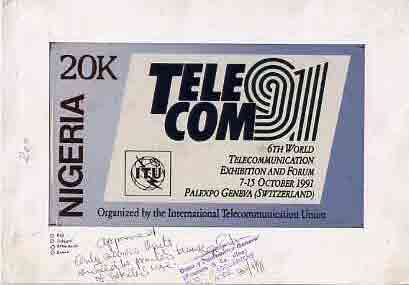 Nigeria 1991 Telecom - original hand-painted artwork for 20k value (endorsed approved only 200,000 units to be printed because of restricted use) produced by NSP&MCo Staf..., stamps on communications    science