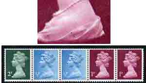 Great Britain 1971 Machin multi-value coil (2p,1/2p,1/2p,1p,1p) with constant variety 'two tiny coloured spots on Queen's Dress on 1st 1p' (ex G1 coil roll 5) unmounted mint, stamps on , stamps on  stamps on varieties, stamps on  stamps on gb