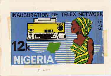 Nigeria 1975 Telex - original hand-painted artwork for 12k value by NSP&MCo Staff Artist Samuel A M Eluare on card 9x5, stamps on , stamps on  stamps on communications, stamps on  stamps on science