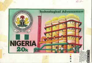 Nigeria 1985 25th Anniversary of Independence - original hand-painted artwork for 20k value (Rolling Mill as issued) by NSP&MCo Staff Artist Mrs A O Adeyeye on card 9x5 endorsed A2, stamps on , stamps on  stamps on business    science