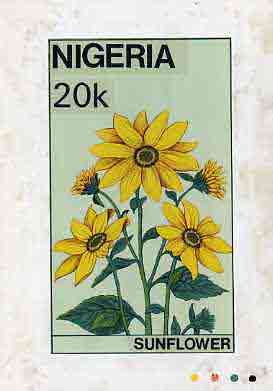 Nigeria 1987 Flowers - original hand-painted artwork for 20k value (Sun Flower) by unknown artist on card 5 x 8.5, stamps on , stamps on  stamps on flowers