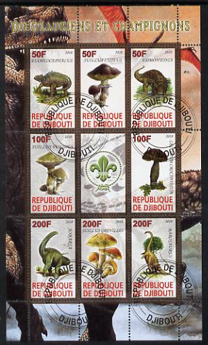 Djibouti 2010 Dinosaurs & Mushrooms #1 perf sheetlet containing 8 values plus label with Scout logo fine cto used, stamps on , stamps on  stamps on dinosaurs, stamps on  stamps on fungi, stamps on  stamps on scouts