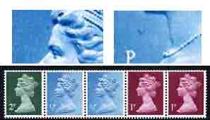 Great Britain 1971 Machin multi-value coil (2p,1/2p,1/2p,1p,1p) with constant variety 'Coloured dot in front of forehead and background disturbance in front of throat on 1st 1/2p' (ex G1 coil roll 6) unmounted mint, stamps on , stamps on  stamps on varieties, stamps on  stamps on gb