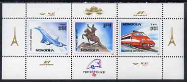 Mongolia 1989 'Philexfrance 89' Stamp Exhibition (2nd issue) perf m/sheet (Concorde,TGV Train, Statue) unmounted mint, SG MS 2034, stamps on , stamps on  stamps on stamp exhibitions, stamps on  stamps on aviation, stamps on  stamps on concorde, stamps on  stamps on eiffel tower, stamps on  stamps on statues, stamps on  stamps on horses, stamps on  stamps on railways