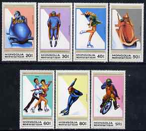 Mongolia 1989 Ice Sports perf set of 7 values unmounted mint, SG 2057-63, stamps on sport, stamps on bobsled, stamps on skating, stamps on motorbikes