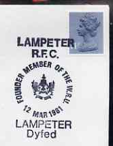 Postmark - Great Britain 1981 cover for Lampeter RFC with illustrated (Founder Member of the WRU) cancel, stamps on , stamps on  stamps on sport, stamps on  stamps on rugby