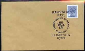 Postmark - Great Britain 1981 cover for Llandovery RFC with illustrated (Founder Member of the WRU) cancel, stamps on , stamps on  stamps on sport, stamps on  stamps on rugby
