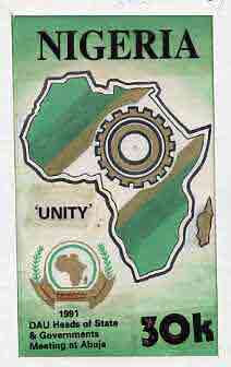 Nigeria 1988 25th Anniversary of OAU - original hand-painted artwork for 30k value (Unity with Cogwheel & Map) by Godrick N Osuji on card 5x9 endorsed B1, stamps on constitutions  maps