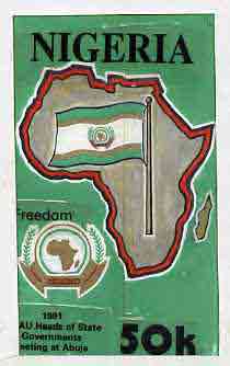 Nigeria 1988 25th Anniversary of OAU - original hand-painted artwork for 50k value (Freedom with Flag & Map) by Godrick N Osuji on card 5x9 endorsed C1, stamps on , stamps on  stamps on constitutions  maps