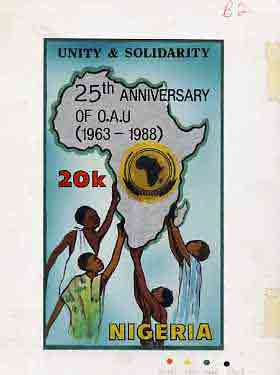 Nigeria 1988 25th Anniversary of OAU - original hand-painted artwork for 20k value (Unity & Solidarity with Map) by NSP&MCo Staff Artist Mrs A O Adeyeye, as issued stamp on card 5x9 endorsed B2, stamps on , stamps on  stamps on constitutions  maps