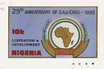 Nigeria 1988 25th Anniversary of OAU - original hand-painted artwork for 10k value (Liberation & Development with Map) by unknown artiston card 8.5x5 endorsed A3, stamps on constitutions  maps