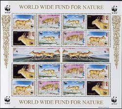 Mongolia 1995 WWF - The Saiga perf sheet of 6 containing 4 sets of 4 se-tenant blocks unmounted mint, as SG 2497a, stamps on , stamps on  stamps on wwf, stamps on  stamps on animals, stamps on  stamps on , stamps on  stamps on  wwf , stamps on  stamps on 