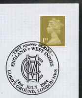 Postmark - Great Britain 2004 cover for npower Test Series England v West Indies with illustrated MCC/Lords cancel, stamps on sport, stamps on cricket
