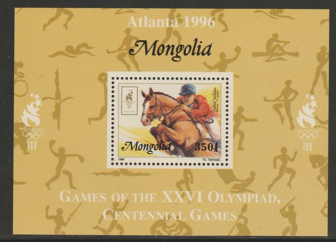 Mongolia 1996 Atlanta Olympics - Show-jumping 350t individual perf deluxe sheet unmounted mint, stamps on , stamps on  stamps on olympics, stamps on  stamps on sport, stamps on  stamps on horses