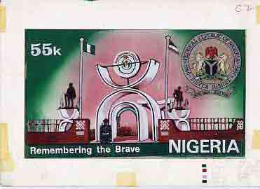 Nigeria 1985 25th Anniversary of Independence - original hand-painted artwork for 55k value (Remembering the Brave) by NSP&MCo Staff Artist Mrs A O Adeyeye on card 9x5 en..., stamps on monuments    civil engineering