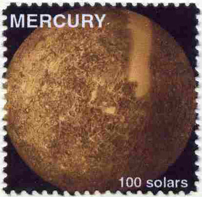 Planet Mercury (Fantasy) 100 solars perf label for inter-galactic mail unmounted mint on ungummed paper, stamps on space, stamps on planets, stamps on cinderella, stamps on sci-fi