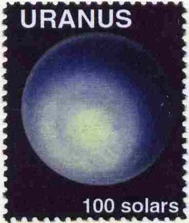 Planet Uranus (Fantasy) 100 solars perf label for inter-galactic mail unmounted mint on ungummed paper, stamps on space, stamps on planets, stamps on cinderella, stamps on sci-fi