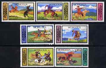 Mongolia 1987 Traditional Equestrian Sports perf set of 7 unmounted mint, SG 1816-22, stamps on , stamps on  stamps on sport, stamps on  stamps on horsesarchery, stamps on  stamps on wolf