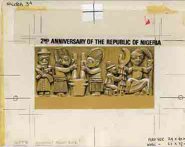 Nigeria 1965 2nd Anniversary of Republic - original hand-painted artwork for 3d value (as issued) by S Apostolou on board 7x4 (without overlay for value & Country), stamps on artefacts