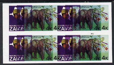 Zaire 1979 River Expedition 4k Elephant superb imperf proof block of 4 with entire design doubled, extra impression 5mm away unmounted mint (as SG 954) unmounted mint. NOTE - this item has been selected for a special offer with the price significantly reduced, stamps on animals, stamps on elephants