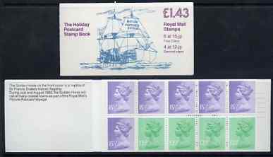 Great Britain 1982 Holiday Postcard Book (The Golden Hinde) Â£1.43 booklet complete with selvedge at left SG FN3A, stamps on , stamps on  stamps on ships, stamps on  stamps on drake, stamps on  stamps on explorers