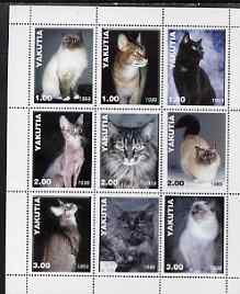 Sakha (Yakutia) Republic 1999 Domestic Cats perf sheetlet containing set of 9 values unmounted mint, stamps on , stamps on  stamps on cats