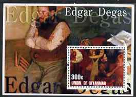 Myanmar 2001 Edgar Degas perf m/sheet containing 1 x 300k value fine cto used, stamps on , stamps on  stamps on arts, stamps on  stamps on degas