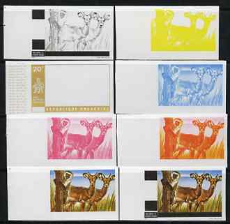 Rwanda 1972 Gazelles & Monkey 20c (from Akagera National Park set) the set of 8 imperf progressive proofs comprising the 5 individual colours plus 2, 3 and 4-colour composites, as SG 456, stamps on animals, stamps on gazelles, stamps on apes, stamps on national parks, stamps on parks