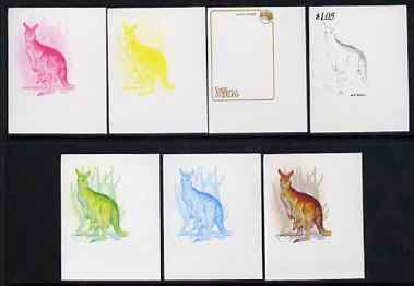 Niue 1984 Kangaroo $1.05 (from Ausipex set) the set of 7 imperf progressive proofs comprising the 5 individual colours plus 2 and 3-colour composites, as SG 558, stamps on , stamps on  stamps on stamp exhibitions, stamps on  stamps on animals, stamps on  stamps on kangaroos