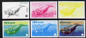 Niue 1983 Black Right Whale 12c (from Protect the Whales set) the set of 6 imperf progressive proofs comprising the 4 individual colours plus 2 and 3-colour composites, a..., stamps on whales