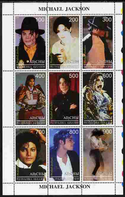 Abkhazia 1999 Michael Jackson perf sheetlet containing 9 values unmounted mint, stamps on , stamps on  stamps on personalities, stamps on  stamps on jackson, stamps on  stamps on music, stamps on  stamps on rock, stamps on  stamps on pops